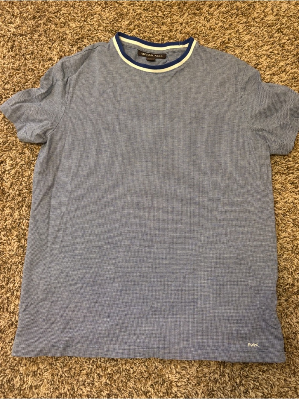 Michael Kors Men's Light Blue Striped Crew Neck T-Shirt with Contrast Trim